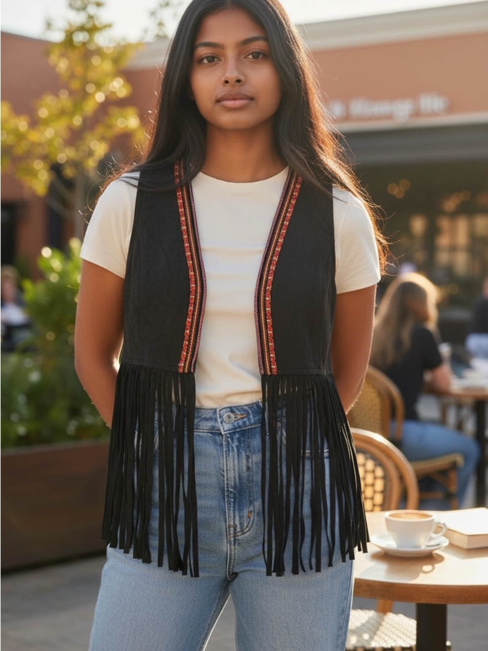 Black Fringe Vest with Embroidered Trim